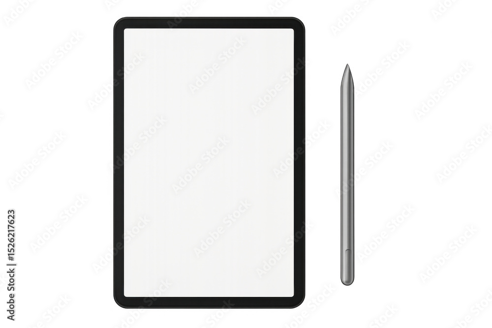 Fototapeta premium Black tablet computer with stylus pen on transparent background displaying blank white screen, perfect for showcasing apps or websites