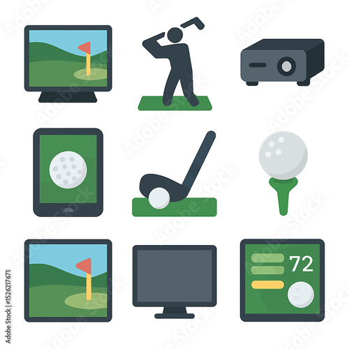 Golf simulator elements showing golfer, screen, golf ball, tablet and equipment icons