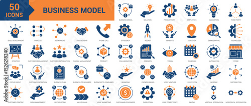 Business Model icon collection set. Containing strategy, solution, productivity, employee, innovation, third party, skill development, value chain, customer-centric, research icon. Simple flat vector