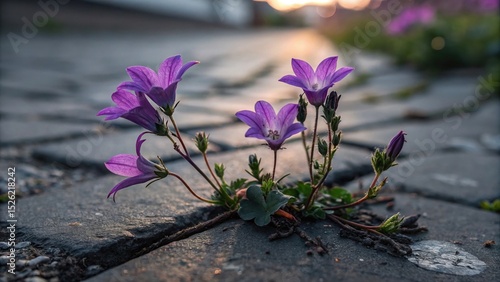 Blooming Resilience: A delicate cluster of vibrant purple flowers defiantly pushing through the hard stone pavement, a symbolic testament to the enduring beauty and strength of life.
