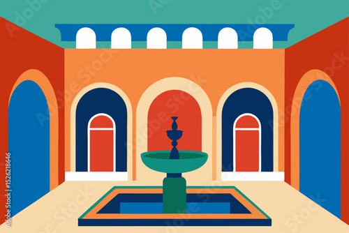 Vibrant Courtyard A Colorful Illustration of Architectural Design and Tranquil Fountain