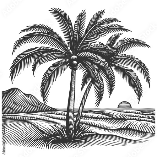 tropical beach scene featuring tall palm trees, ocean waves, and distant clouds in retro style sketch engraving generative ai vector illustration. Scratch board imitation. Black and white image.