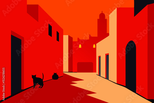 Sunset Hues A Vibrant Red Cityscape Illustration
