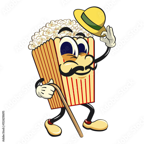 cartoon popcorn box mascot carrying a stick and saluting with raised hat, funny snack character vector illustration isolated on transparent background, work of hand drawn