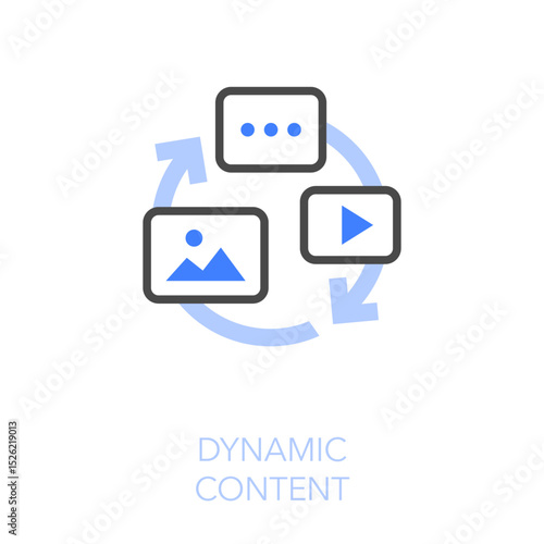 Simple visualised dynamic content icon symbol with process arrows and web or media content.