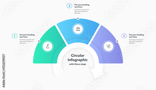 Circular infographic diagram divided into three steps. Flat design with minimalistic icons and place for your texts.