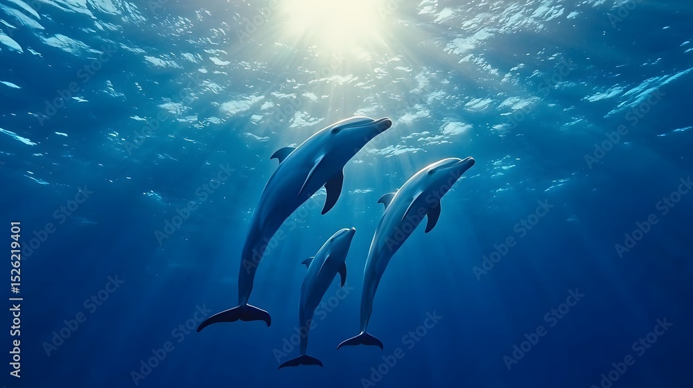 Naklejka premium Dolphins Swimming Gracefully Underwater in Sunlit Ocean Environment