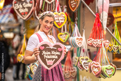 Photography Colorful folk festival atmosphere woman dirndl gingerbread heart Bavaria Germany