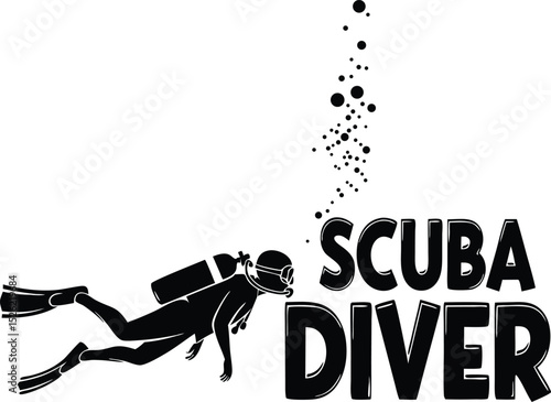 Black silhouette illustration of a scuba diver with bubbles and bold text on white background