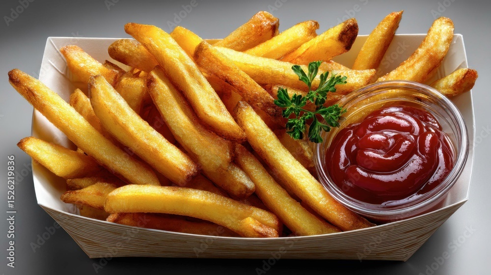 Crispy French Fries with Ketchup and Fresh Herb Garnish in a Takeout Box Crispy French Fries with Ketchup and Fresh Herb Garnish in a Takeout Box