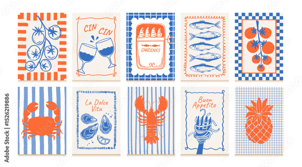 custom made wallpaper toronto digitalVintage food posters. Kitchen frame banner. Food and drinks compositions with fruit, fish, wine, vegetables, sardines for cafe menu. La dolce vita decor. Vector retro set