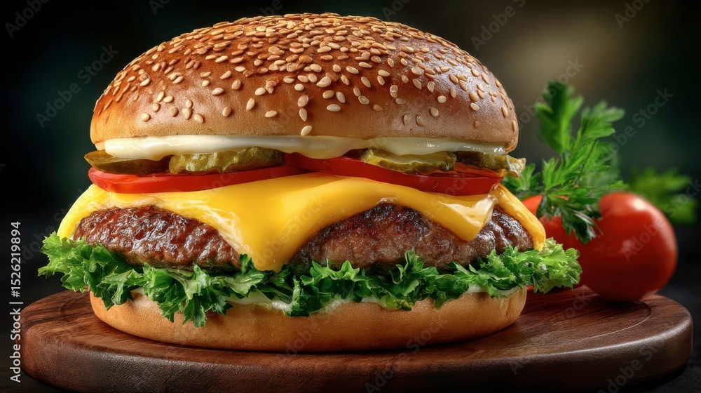 Juicy cheeseburger with lettuce tomato pickles and sesame seed bun on wooden board Juicy cheeseburger with lettuce tomato pickles and sesame seed bun on wooden board