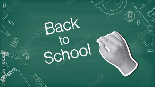 A hand writes a text Back to School on a blackboard with chalk, stationery items on background. Modern collage style. Vector illustration