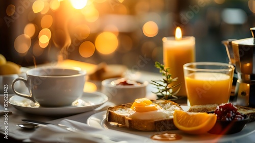 Golden hour breakfast sunnyside up on toast, coffee steaming, candle glowing, with orange juice and marmalade