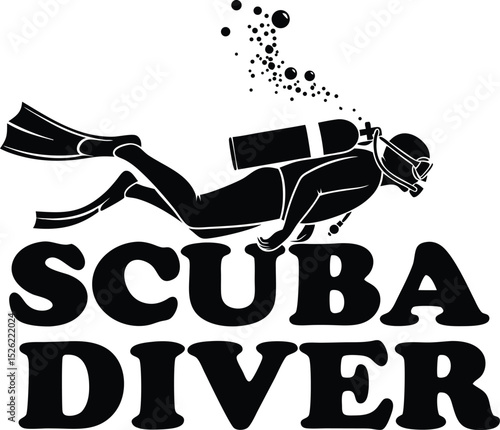 Silhouette illustration of a scuba diver swimming underwater with bubbles and the words scuba diver