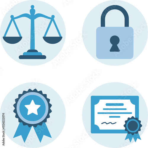 Award and verification icons with winner ribbon, blue trust stamp, quality assurance file and user document.