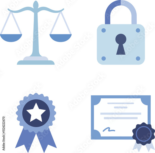 Ribbon and certificate trust icons highlighting award stamp, certified diploma, approval reward and balance.