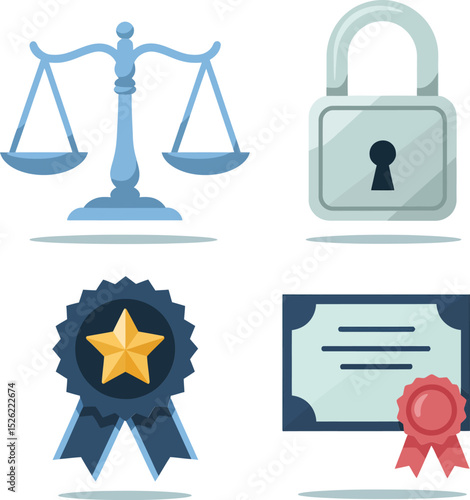 Law and certificate icons featuring justice balance, privacy shield lock, ribbon sticker and official recognition.