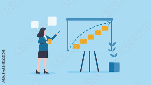 Businesswoman presenting a growth chart on a whiteboard with speech bubbles and a potted plant nearby