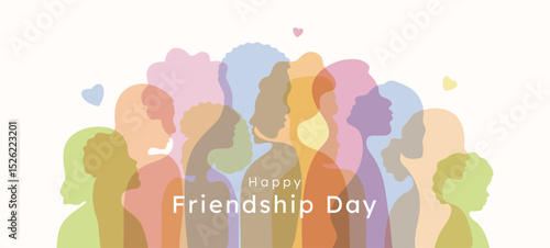 Happy Friendship Day Banner Template. Bright silhouettes of people of different nationalities and genders
