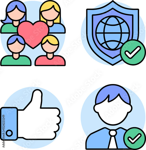 Social trust representation icons featuring user verification, thumbs up, certified network and group credibility.