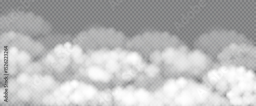 Realistic Fog, smoke, white smog clouds banner template. Morning mist over the ground or water surface. Sky white 3D cloudy elements overlay effect. Steam at night club, magic haze