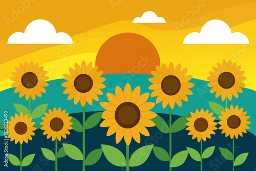 Vibrant Sunflower Sunset A Summer Landscape Illustration