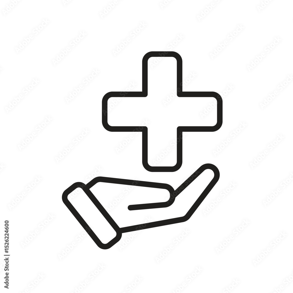 Obraz premium Medical icons. health symbol on hand. medical cross sign on hand. Prevention, health, diagnosis. Outline design style
