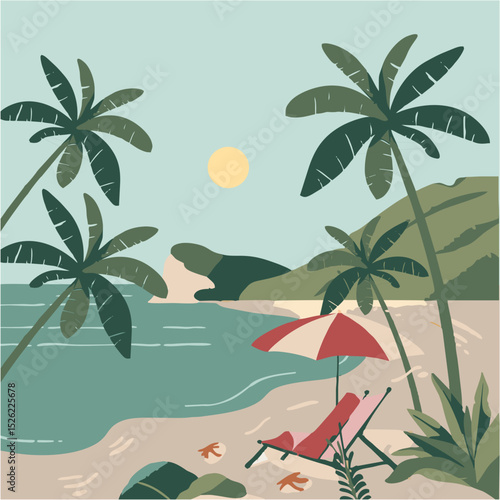 June Summer vibe in the beach vector in the view and the palm tree and umbrella
