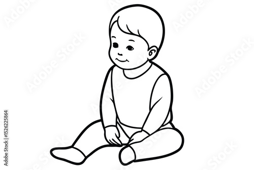 Baby boy sitting in line art drawing style. Cute toddler child black linear sketch isolated on white background. Vector illustration