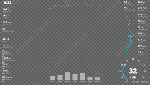 Very detailed vector bicycle telemetry overlay template on transparent background. Includes speed, altitude, GPS data, sand HUD elements. For action camera on bike, sport videos photo overlays.