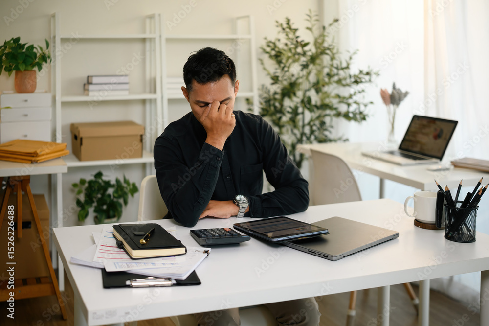 A Mature Asian businessman appears stressed while working at his desk, surrounded by financial documents and a laptop A Mature Asian businessman appears stressed while working at his desk, surrounded by financial documents and a laptop