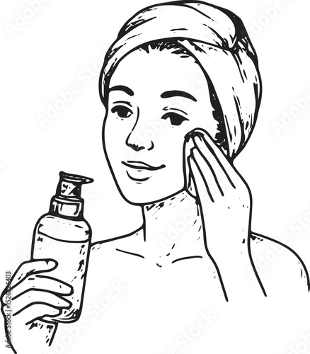 A black-and-white sketch of a woman with a headscarf applying a cotton pad to her face, ideal for skincare, beauty, and self-care themed illustrations and designs
