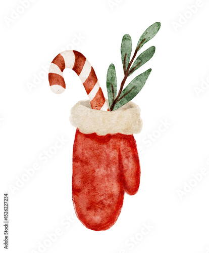Watercolor red mitten, candy cane, plant. Christmas clip art. Vector illustration