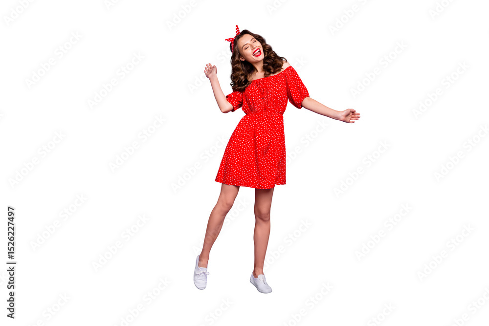 Full length photo of pretty lady earning dancing queen status wear off-shoulders dress isolated purple background Full length photo of pretty lady earning dancing queen status wear off-shoulders dress isolated purple background