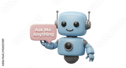 A friendly robot, its metallic form gleaming with a digital glow, holds a speech bubble inviting interaction, promising to answer any question, sparking curiosity and a sense of wonder.