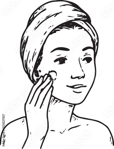 A black-and-white sketch of a woman with a headscarf applying a cotton pad to her face, ideal for skincare, beauty, and self-care themed illustrations and designs