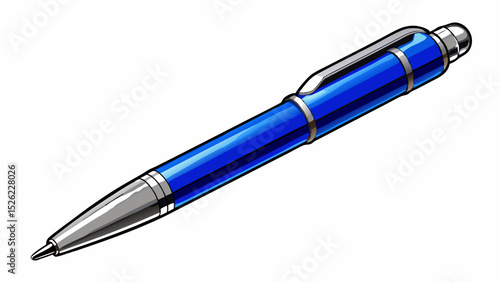A sleek blue ballpoint pen with a silver clip lies diagonally on a white background. Close-up reveals the fine tip, perfect for office or academic vector illustrations with precision.