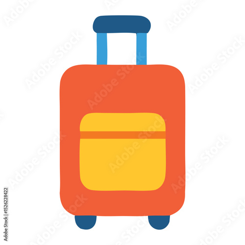 Travel destination red and yellow suitcase on wheels suitable for travel blogs, vacation brochures, airline advertisements, and tourism websites.