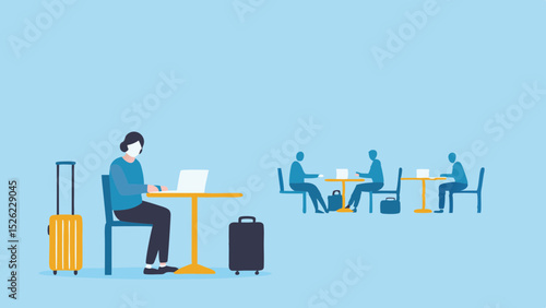 Airport Scene Traveler on Laptop Facemask Luggage Table Cafe Gathering Minimalist Vector