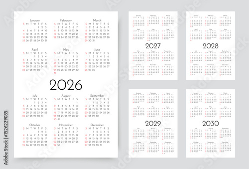 2026, 2027, 2028, 2029, 2030 years calendars. Calender templates. Organizer with 12 month in English. Week starts Sunday. Scheduler layout. Simple planner. Portrait orientation A4. Vector illustration