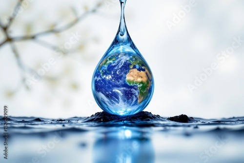 create a high resolution photo of a water droplet encapsulating the earth inside