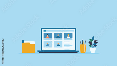 Online Meeting laptop screen work from home workspace remote collaboration virtual team business