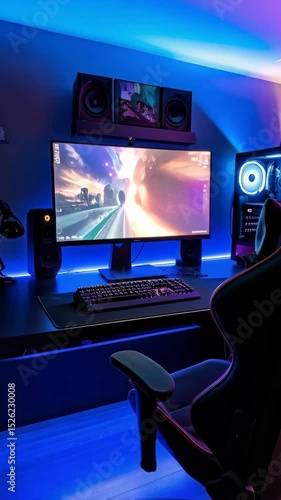 Modern home gaming setup with illuminated computer, screen showing racing game, keyboard, speakers and comfortable ergonomic chair