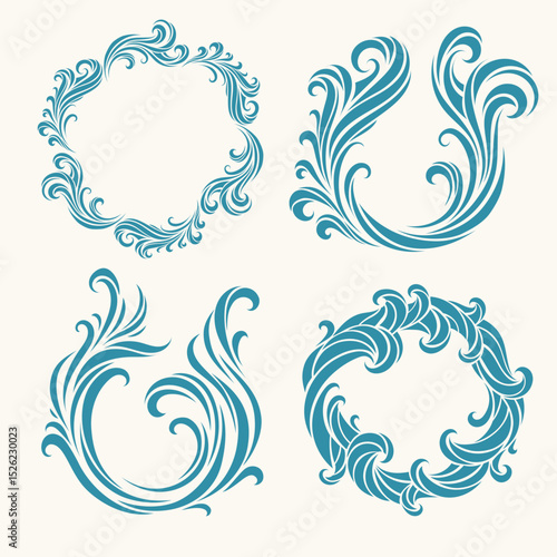 Rich decorative set of stylized wave elements and round frames. Elegant swirls in baroque and marine style for abstract compositions, packaging, or branding design