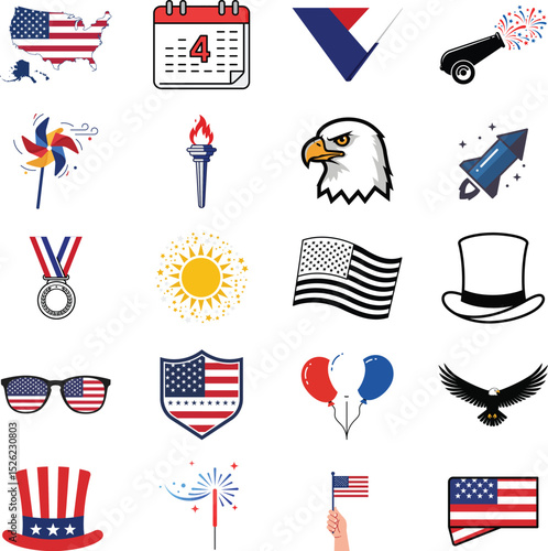 4th of July Independence Day Icon Set – USA Flag, Fireworks, Bald Eagle, Hat and Celebration Symbols