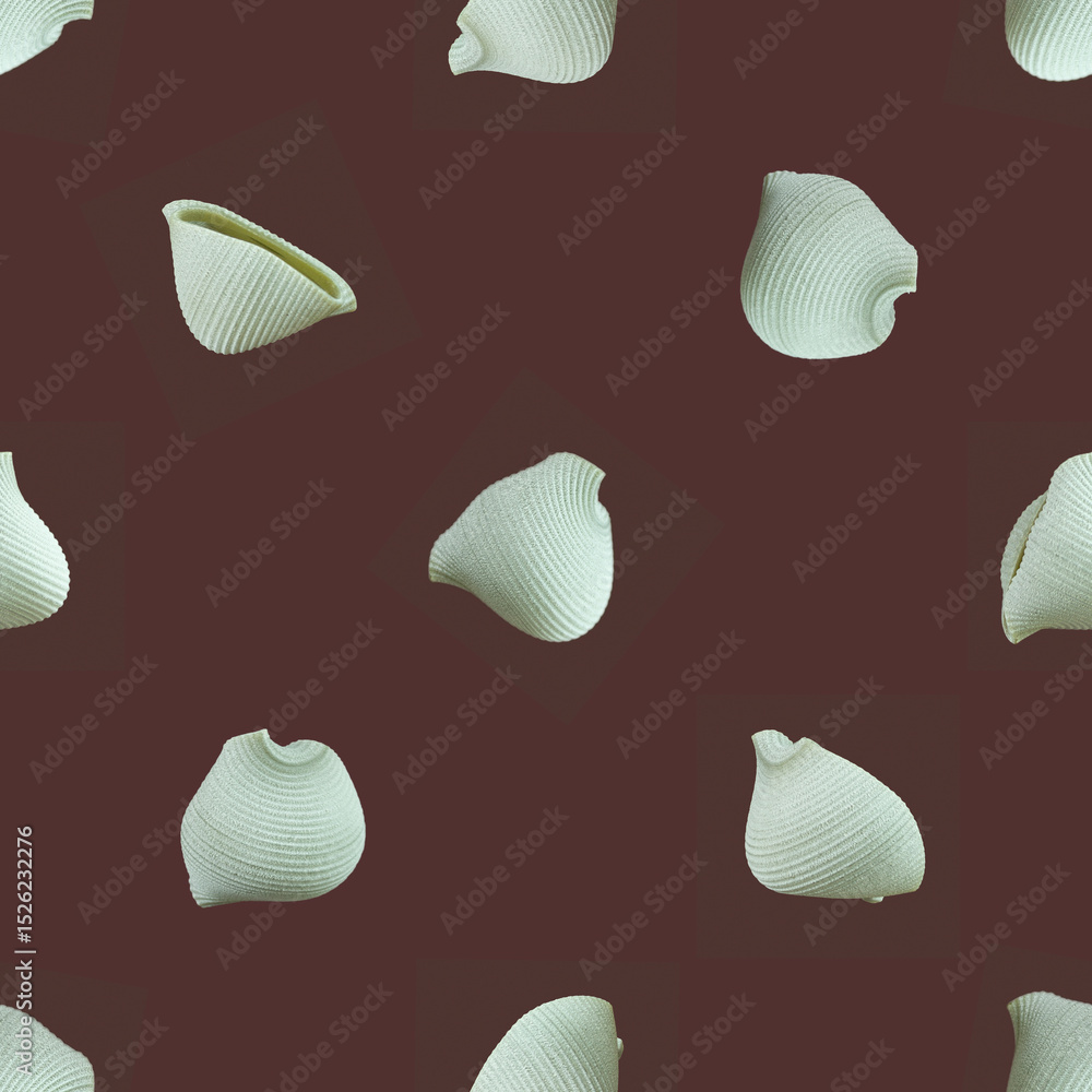 Seamless pattern of round green textured Italian wholegrain pasta on a brown background.