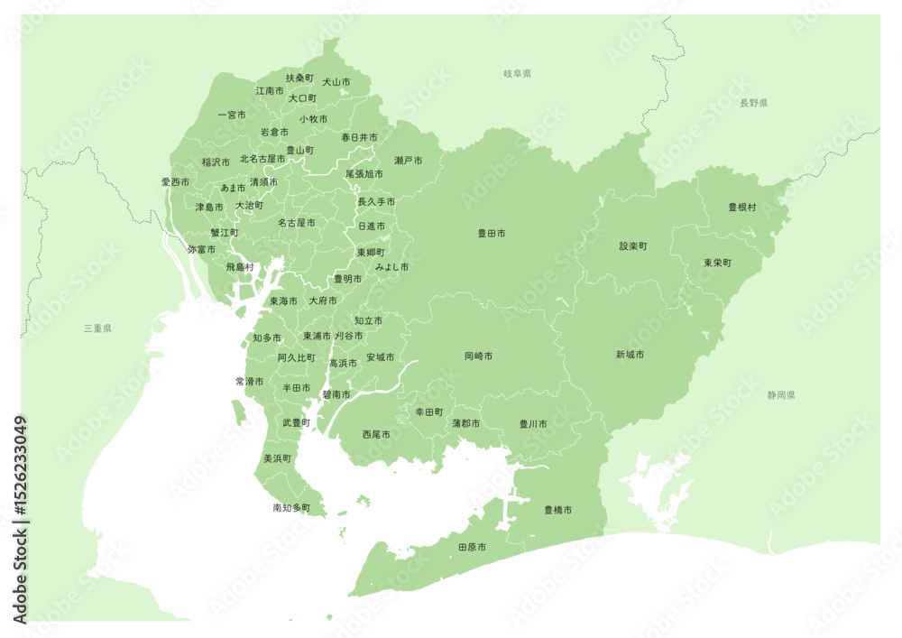 Fototapeta premium 日本の都市、愛知県の都市名や行政区分付きの地図(市町村の地名や、行政区分の線付き)