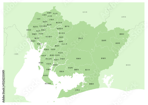 日本の都市、愛知県の都市名や行政区分付きの地図（市町村の地名や、行政区分の線付き）
