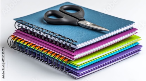 Wallpaper Mural A stack of colorful notebooks with a pair of scissors on top. The scissors are black and silver, and they are positioned in the middle of the stack. The notebooks are of different colors Torontodigital.ca